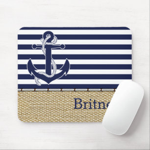 Custom Fun Navy Blue White Stripe Faux Jute Burlap Mouse Mat