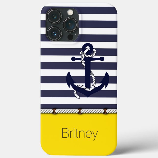 Custom Fun Navy Blue White Stripe Summer Yellow Case-Mate iPhone Case (Back)