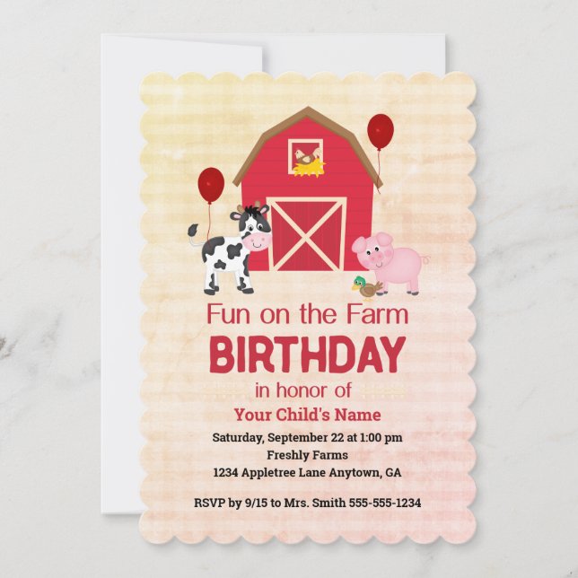 Custom Fun on the Farm Child Birthday Gingham  Invitation (Front)