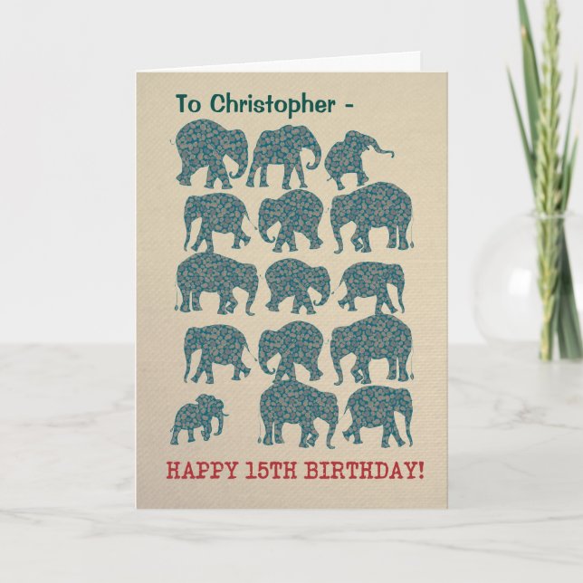 Custom Fun Paisley Elephants 15th Birthday Card (Front)