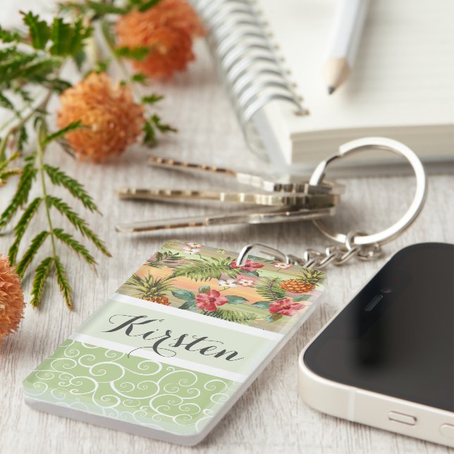 Custom Fun Tropical Pineapple Fruit Flower Pattern Key Ring (Front Right)