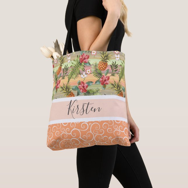 Custom Fun Tropical Pineapple Fruit Flower Pattern Tote Bag (Close Up)