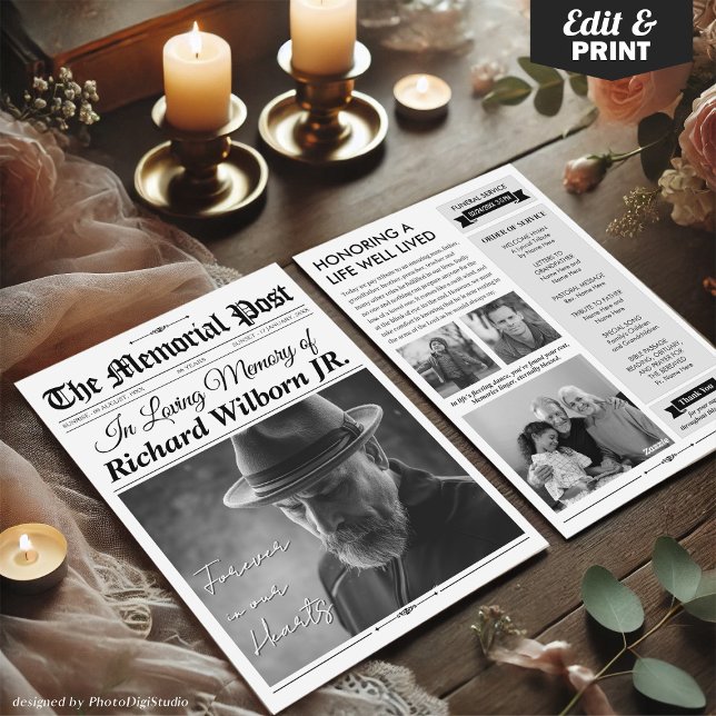Custom Funeral Newspaper w Program, Memorial Card (Custom Newspaper Funeral Program Card, Photo Memorial Card)