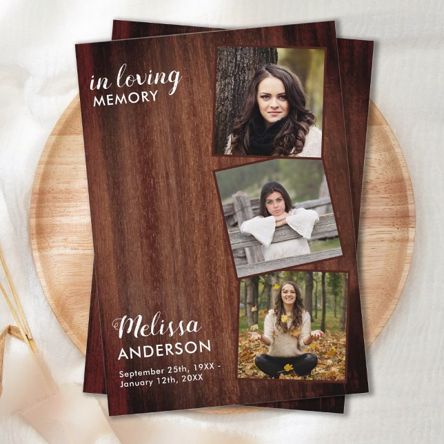 Custom Funeral Rustic Sympathy Memorial 3 Photo Thank You Card (Creator Uploaded)