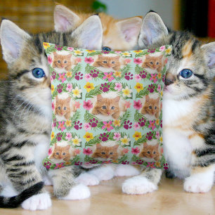 Custom Funny Cat Photo Tropical Leaves Hawaiian Cushion