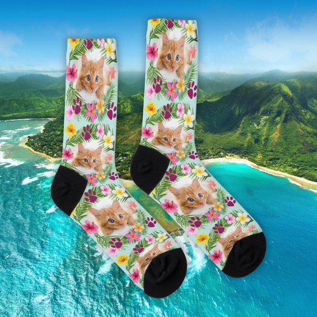 Custom Funny Cat Photo Tropical Leaves Hawaiian  Socks (Creator Uploaded)