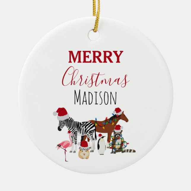 Custom Funny Christmas Animals Santa Hats Lights Ceramic Tree Decoration (Front)