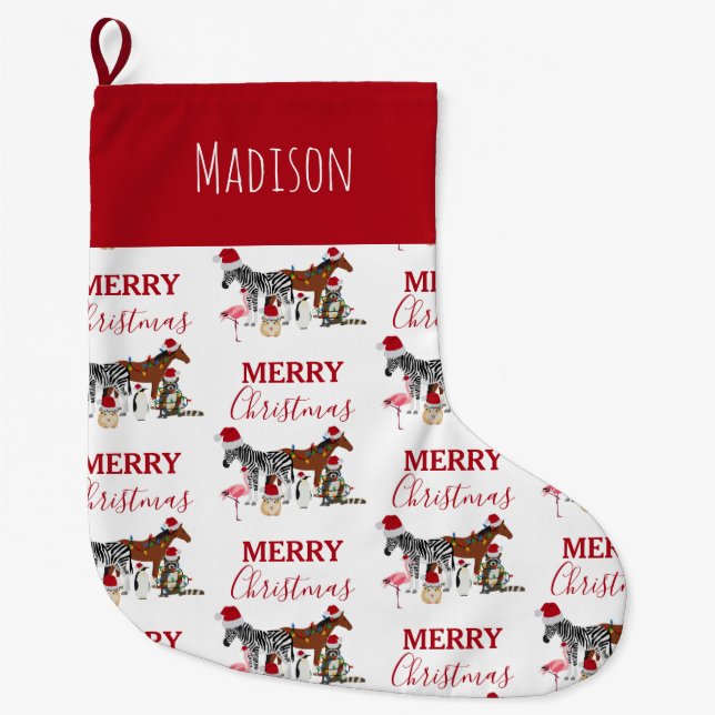 Custom Funny Christmas Animals Santa Hats Lights  Large Christmas Stocking (Front)