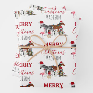 Custom Funny Christmas Animals Santa Hats Lights Wrapping Paper Sheet