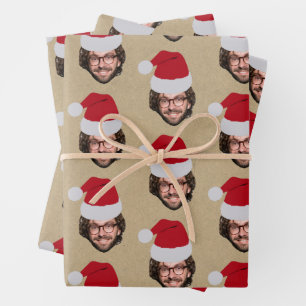 Custom Funny Christmas Santa Hat Face Photo Kraft Wrapping Paper Sheet