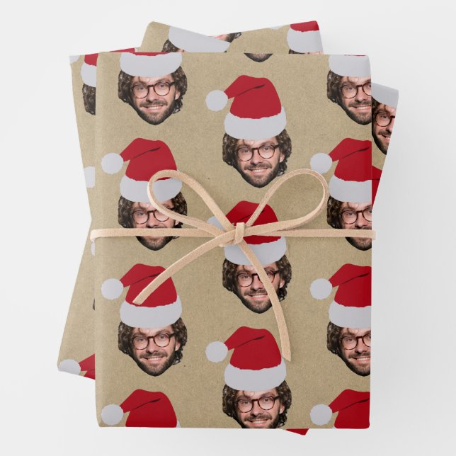 Custom Funny Christmas Santa Hat Face Photo Kraft Wrapping Paper Sheet (In situ)
