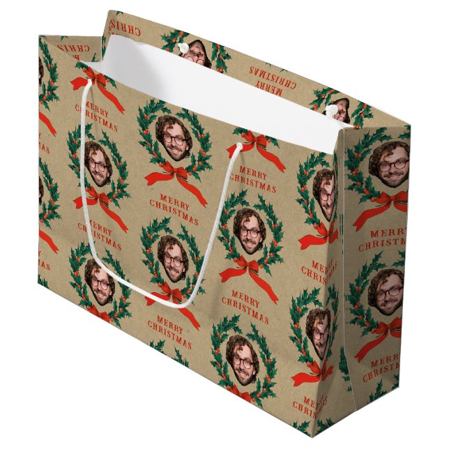 Custom Funny Christmas Wreath Face Photo Kraft Large Gift Bag (Front Angled)