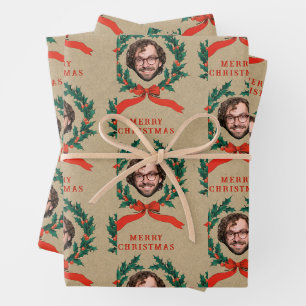 Custom Funny Christmas Wreath Face Photo Kraft Wrapping Paper Sheet
