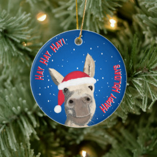 Custom Funny Donkey Santa Pun 2024 Holiday Ceramic Tree Decoration