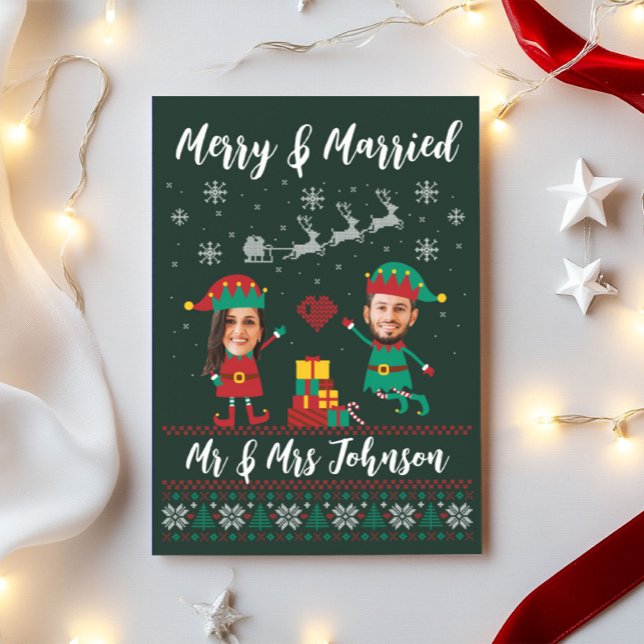 Custom Funny Face Merry and Merried Christmas Elf Holiday Card (Creator Uploaded)