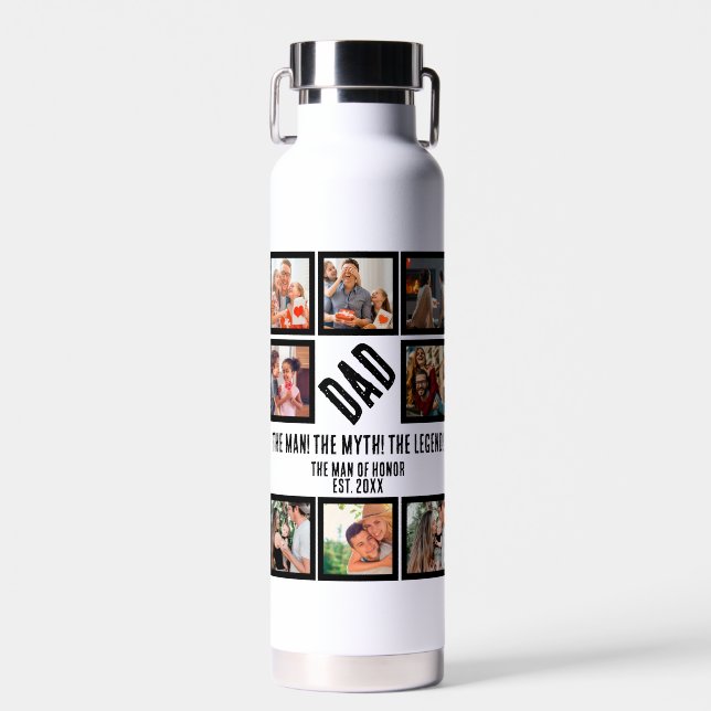 Custom Funny Fathers day Dad gift 8 Photo Collage Water Bottle (Front)