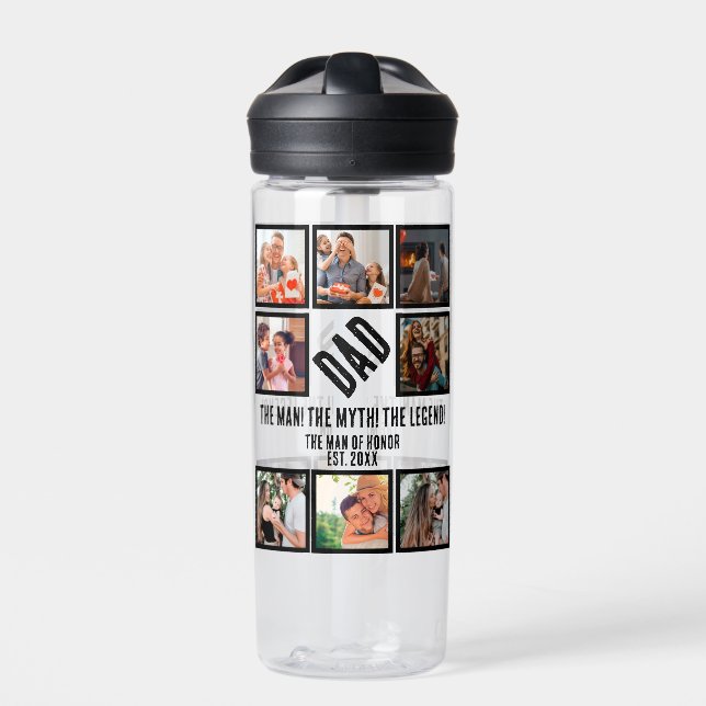 Custom Funny Fathers day Dad gift 8 Photo Collage Water Bottle (Front)