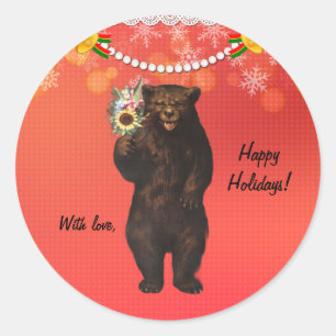 Custom Funny Modern Christmas Bear with flowers Classic Round Sticker