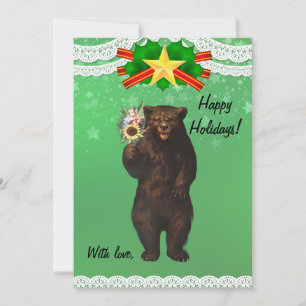 Custom Funny Modern Christmas Bear with flowers  Holiday Card