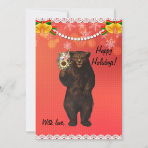 Custom Funny Modern Christmas Bear with flowers Holiday Card