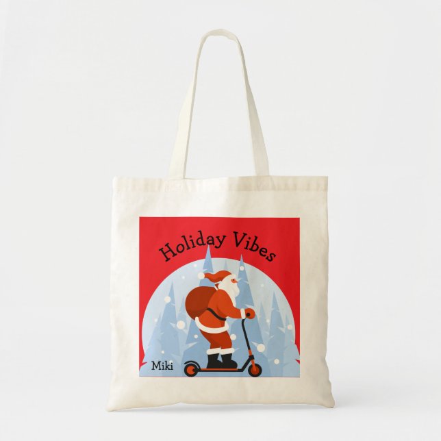 Custom Funny Modern Santa Christmas Holiday Red Tote Bag (Front)