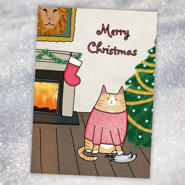 Custom Funny Orange Cat Mouse Under Christmas Tree Holiday Card (Creator Uploaded)