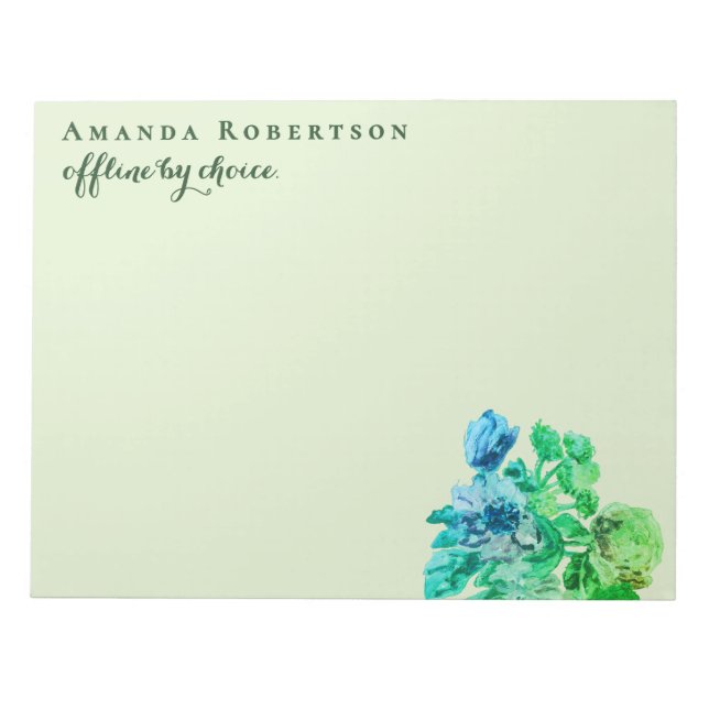 Custom Funny Pastel Green Watercolor Flowers Chic Notepad (Front)