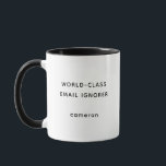 Custom Funny Quote Gift Co-Worker Procrastinator Mug<br><div class="desc">For the professional procrastinator, the serial inbox evader, or the unapologetically over-it office warrior, this "World-Class Email Ignorer" mug is the perfect dose of humour to brighten up any workspace. Featuring a clean black-and-white design with bold, minimalist text and a customisable name option, this mug is an ideal gift for...</div>