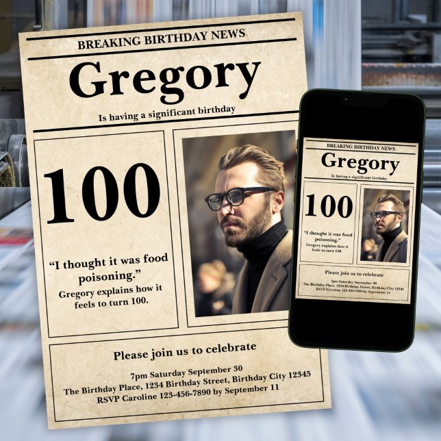 Custom Funny Quote Retro Newspaper 100th Birthday Invitation (Creator Uploaded)