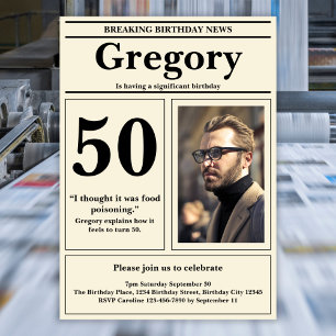 Custom Funny Quote Retro Newspaper 50th Birthday Invitation