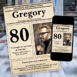 Custom Funny Quote Retro Newspaper 80th Birthday Invitation<br><div class="desc">👉 Put a smile on a face with this awesome retro newspaper style 80th birthday invitation! Complete with a funny quote and photo, you will sure set your celebration above the rest! #zazzlemade - Simply click to personalise this design 🔥 My promises - This design is unique - It is...</div>