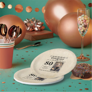Custom Funny Quote Retro Newspaper 80th Birthday Paper Plate