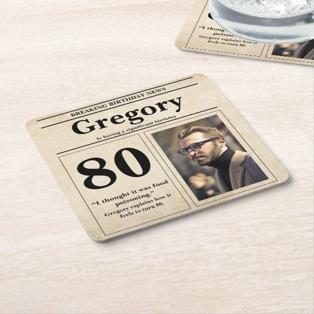 Custom Funny Quote Retro Newspaper 80th Birthday Square Paper Coaster (Angled)