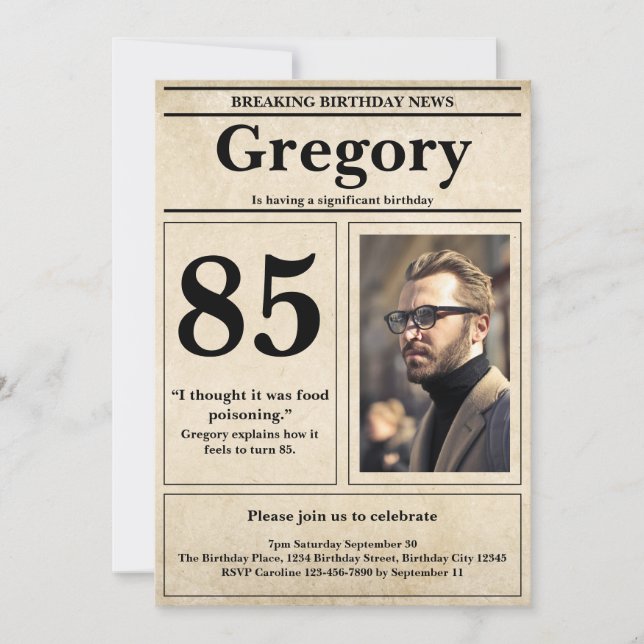Custom Funny Quote Retro Newspaper 85th Birthday Invitation (Front)