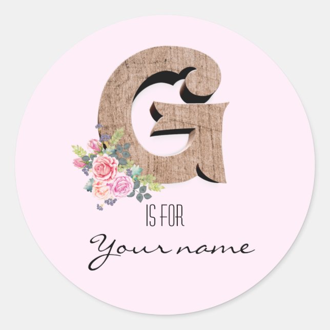 Custom G Name Floral Flower Pink Letter G Modern Classic Round Sticker (Front)