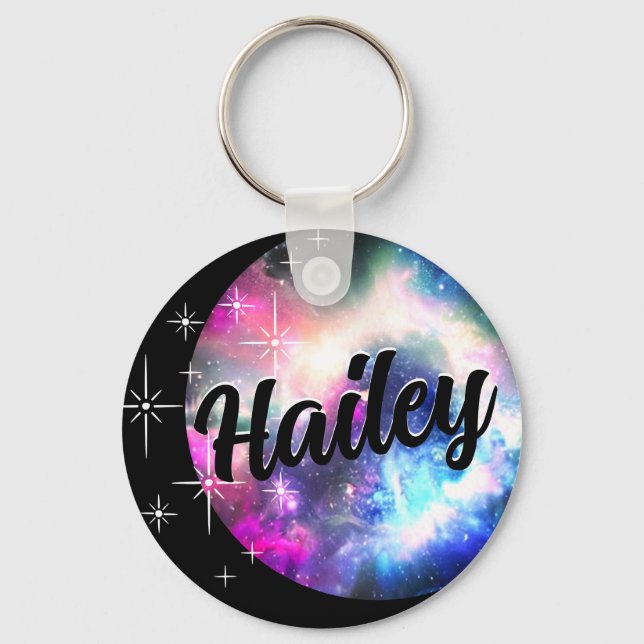 Custom Galaxy Nebula Moon and Stars Name Black  Key Ring (Front)