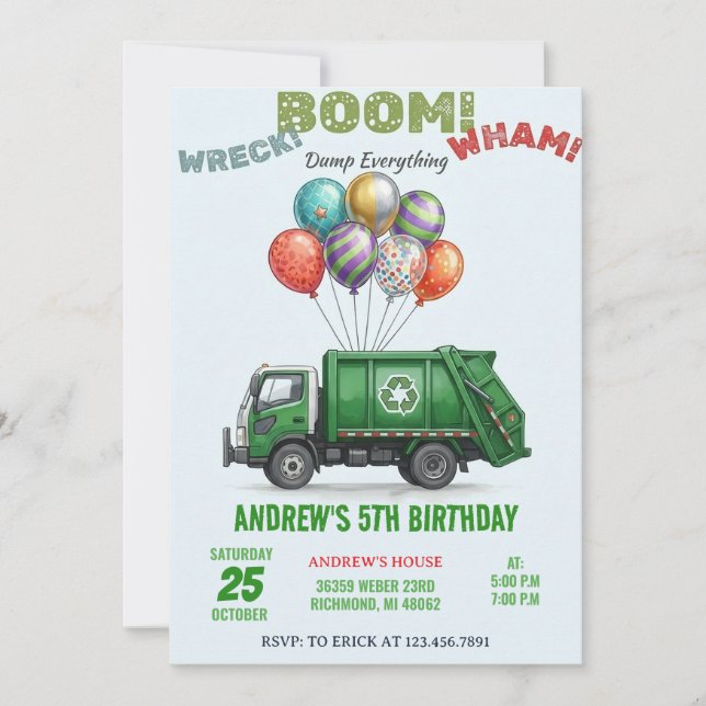 Custom Garbage Truck Recycling Birthday Invitation (Front)