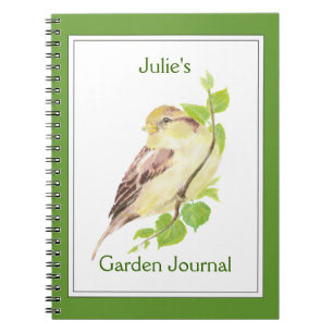 Custom, Garden Journal with Watercolor Sparrow