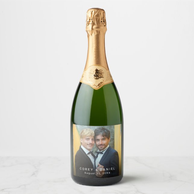 Custom Gay Wedding Photo Two Grooms Sparkling Wine Label (Front)