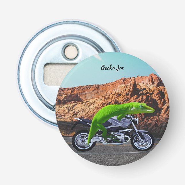 Custom Gecko Rider on Motorcycle Desert Highway Bottle Opener (Front)