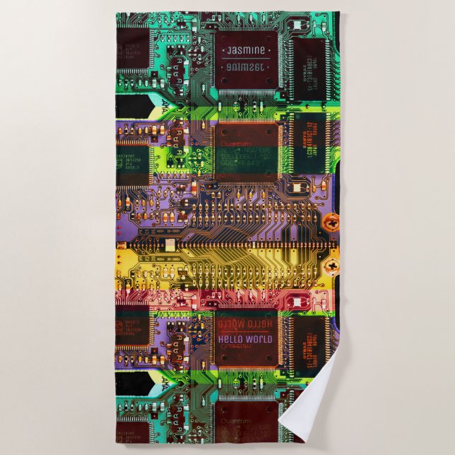 Custom Geek & Glitch Printed Circuit Board Robotic Beach Towel (Front)
