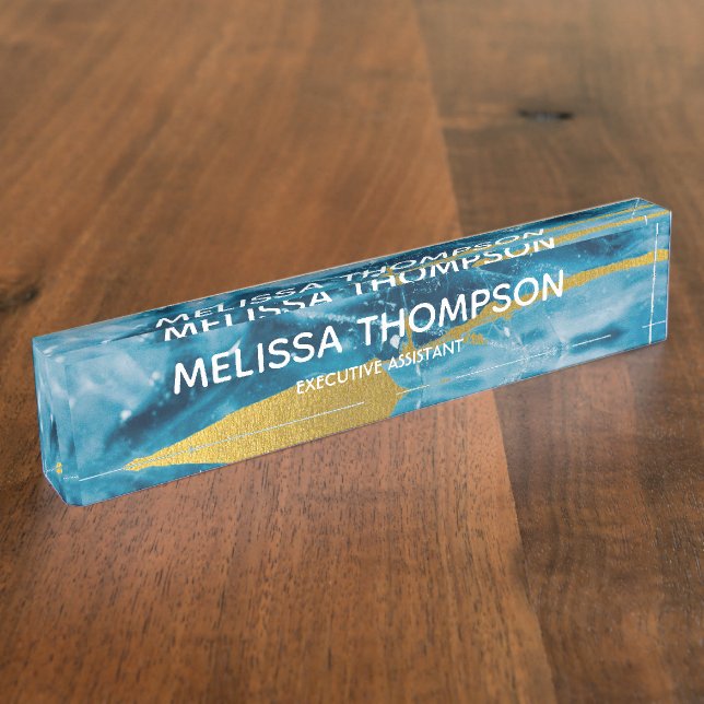 Custom Geode Agate Gemstone Blue and Gold Nameplate (Side)