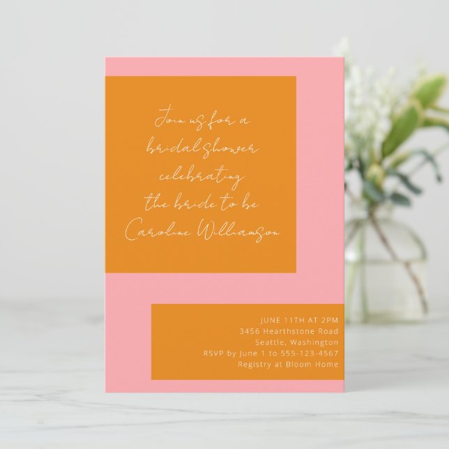 Custom Geometric Pink Orange Script Bridal Shower Invitation (Standing Front)