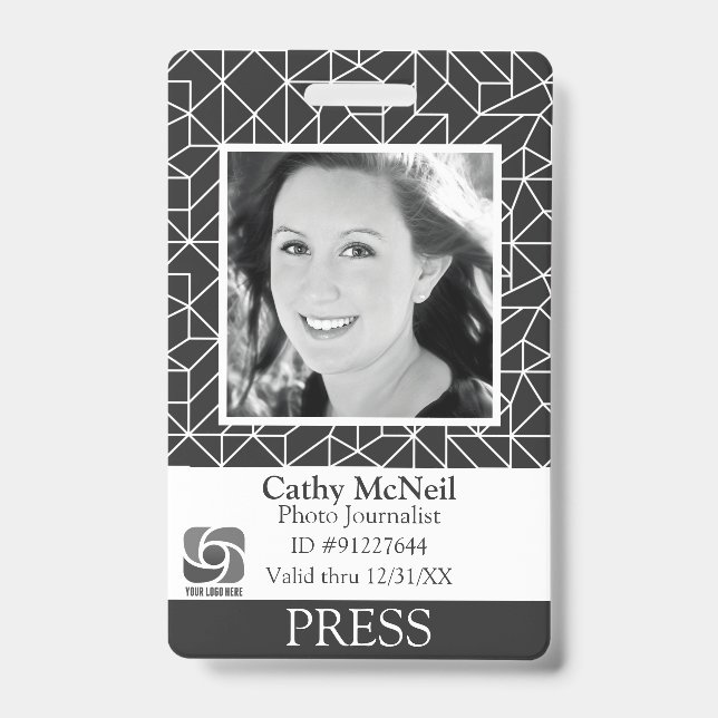 Custom Geometric Reporter Photographer BW Press ID Badge (Front)
