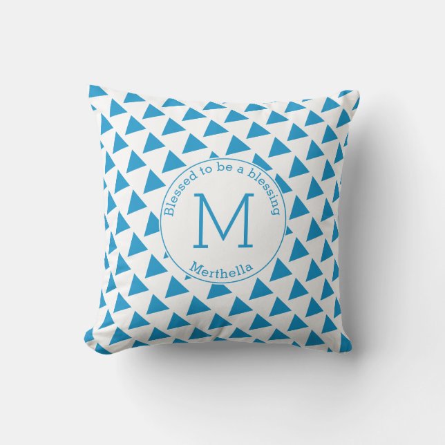 Custom Geometric Triangles Monogram Blue White  Cushion (Front)