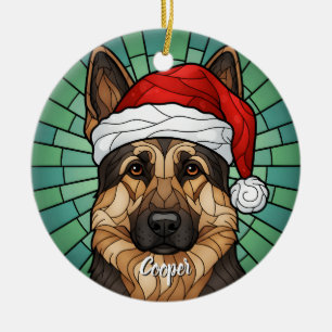 Custom German Shepherd Dog Santa Hat Stained Glass Ceramic Tree Decoration