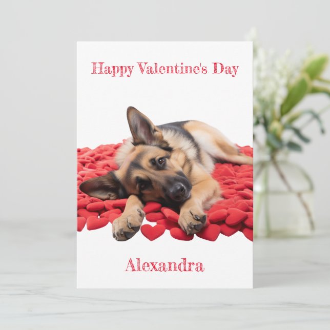 Custom German Shepherd Lying on Hearts Valentine Holiday Card (Standing Front)