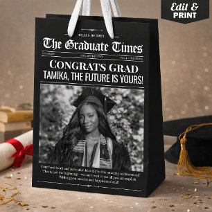 Custom Gift Bag, Black White Graduation Newspaper Medium Gift Bag