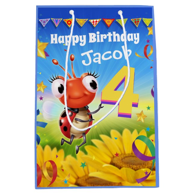 Custom Gift Bag for boy's 4th birthday - Ladybug (Front)