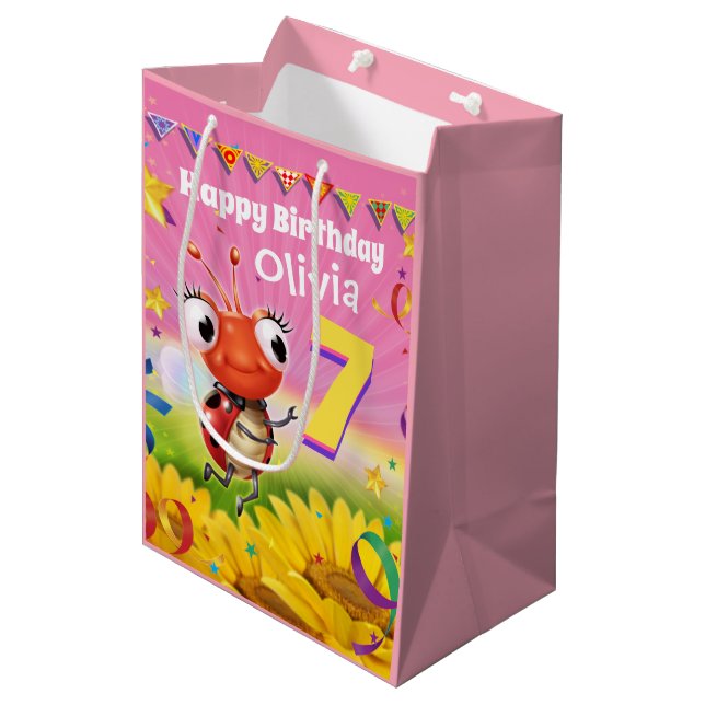 Custom Gift Bag for girl's 7th birthday - Ladybug (Front Angled)